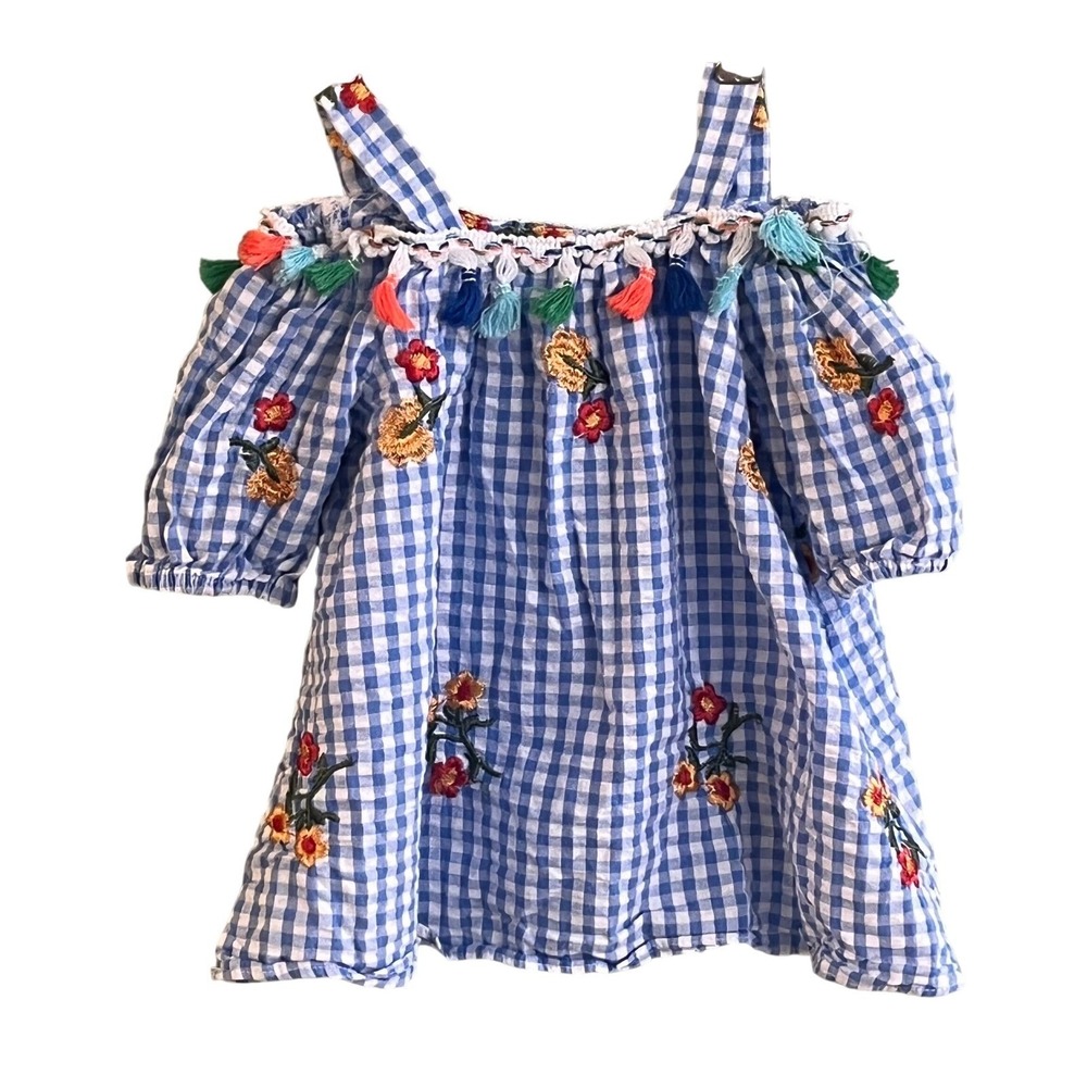 Pastourelle Pippa & Julie Blue‎ Check Floral Embroidered Tasseled Shirt 2T